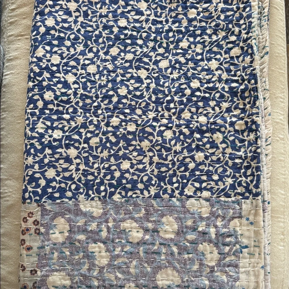 GUC - Anthropologie Kantha Upcycled Cotton Throw, Blue and Orange